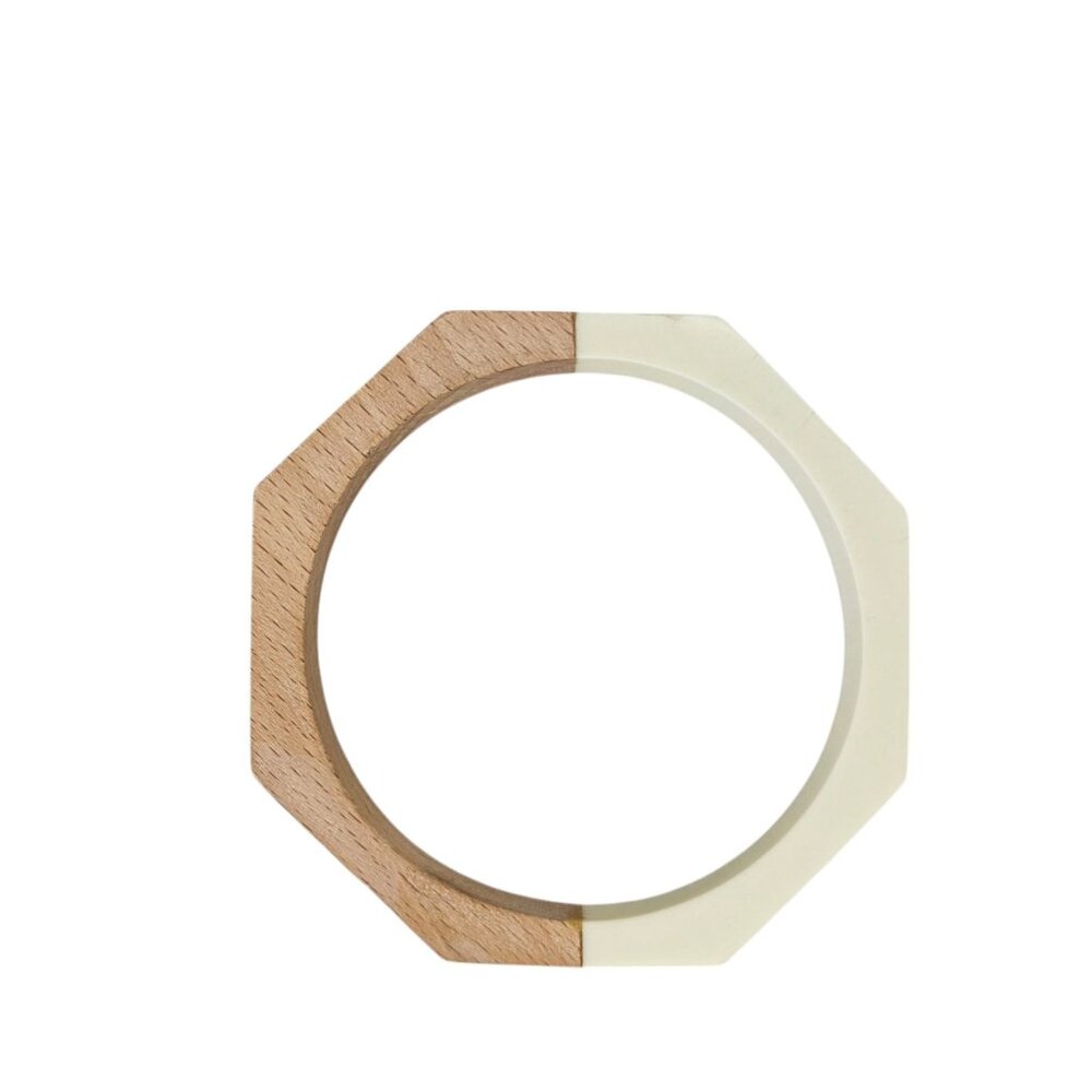 Vintage‎ Octagon Bangle Bracelet Wood Lucite Modern Boho Tan White 1980s 80s